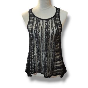 Black Lace Sheer Raceback Hi Low Tank Top from Sans Souci